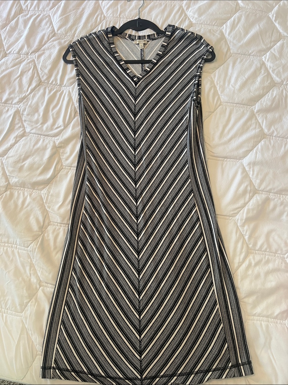 Talbots Black and White Striped V-Neck Midi Dress